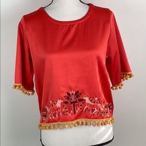 ⭐️🌸Chumbak orange embroidered boho top yellow pom